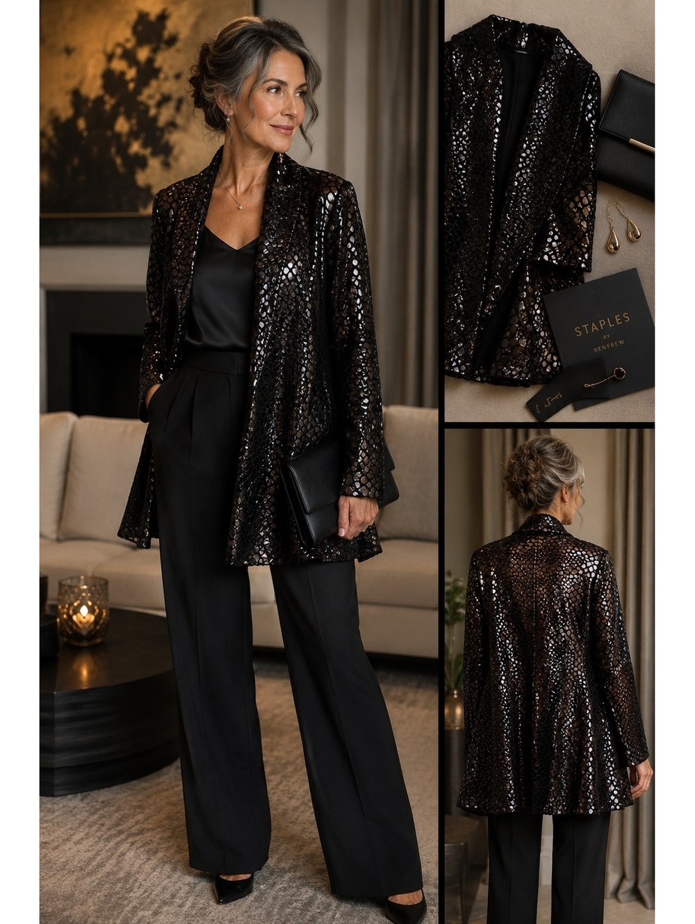 Staples USA L Black Glossy Textured Swing Blazer Avant Garde Statement